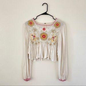 Free People Cream Embroidered Peasant Boho Swing Knit Top with Billow Sleeves XS